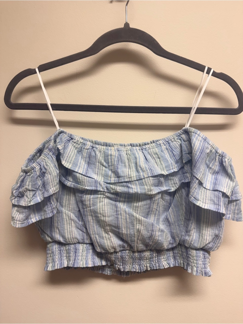 Le Lis Blue & White 100% Cotton Striped Off-Shoulder Ruffle Crop Top EUC Size L